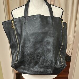 Celine Black Leather Tote with Gold Zipper Details